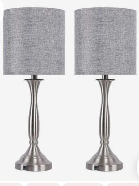 2 Contemporary Brushed Nickel Table Lamp Set with Grey Linen Shade